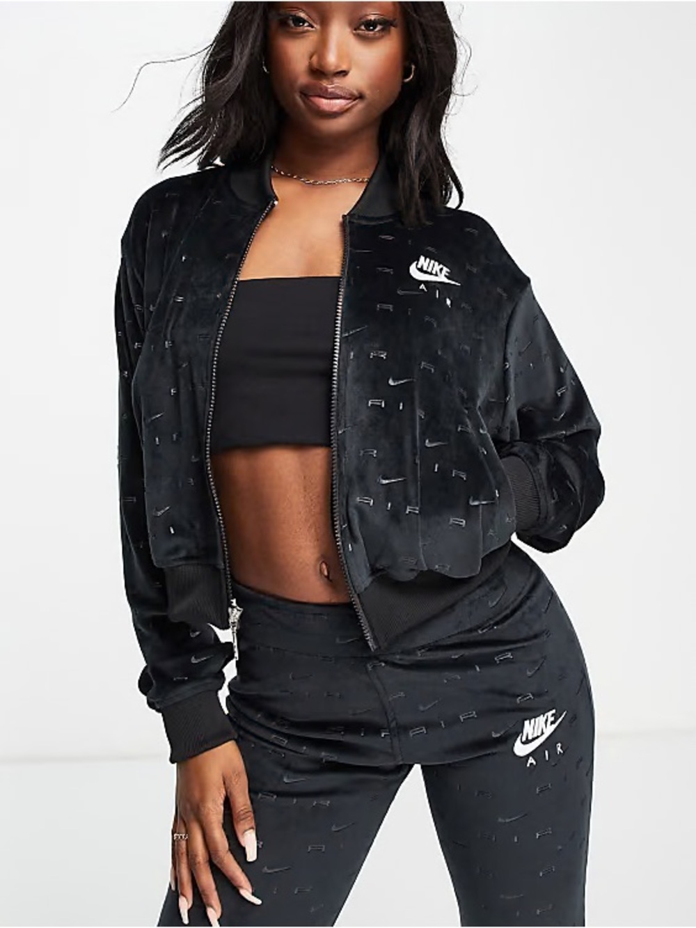 Nike Black Velvet Bomber Jacket with Tonal Logo - Women's